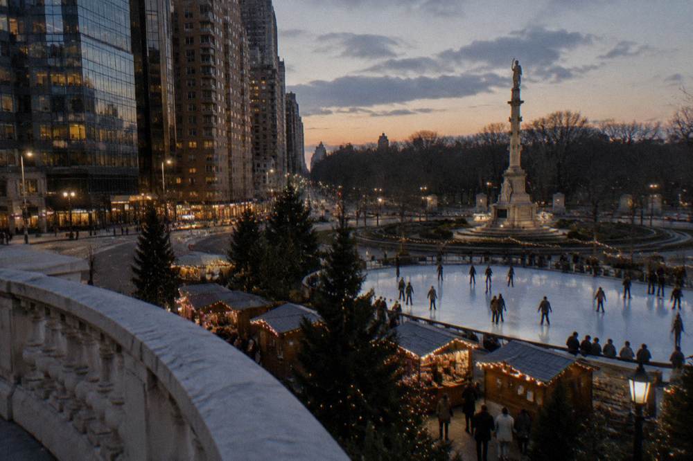 Wooden holiday market stalls strung with lights around a park ice rink at dusk