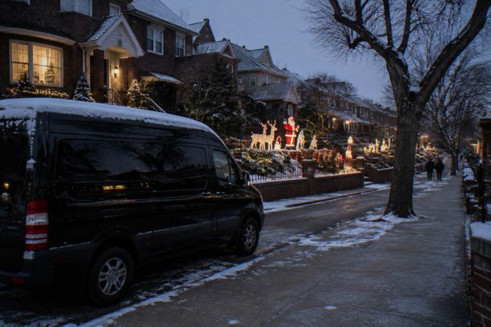 Private van parked on a decorated Brooklyn street with lit holiday figures visible in the background