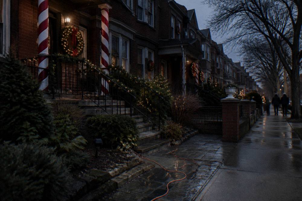 Illuminated row houses with oversized holiday decorations glowing after dark