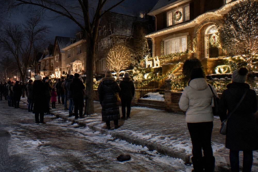 Decorated Brooklyn street corner at night with crowds of visitors viewing holiday light displays