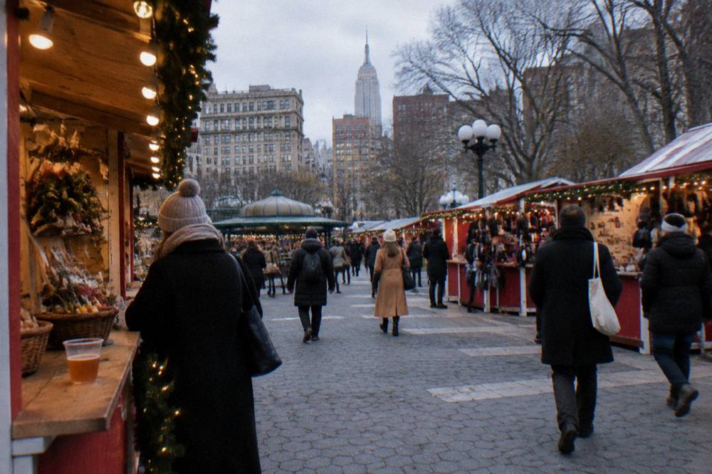 Shoppers browsing wooden holiday market stalls under strings of lights in a Manhattan park