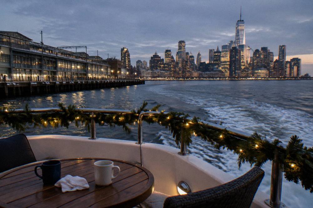 A festively lit yacht cruising past the Manhattan skyline on a winter evening