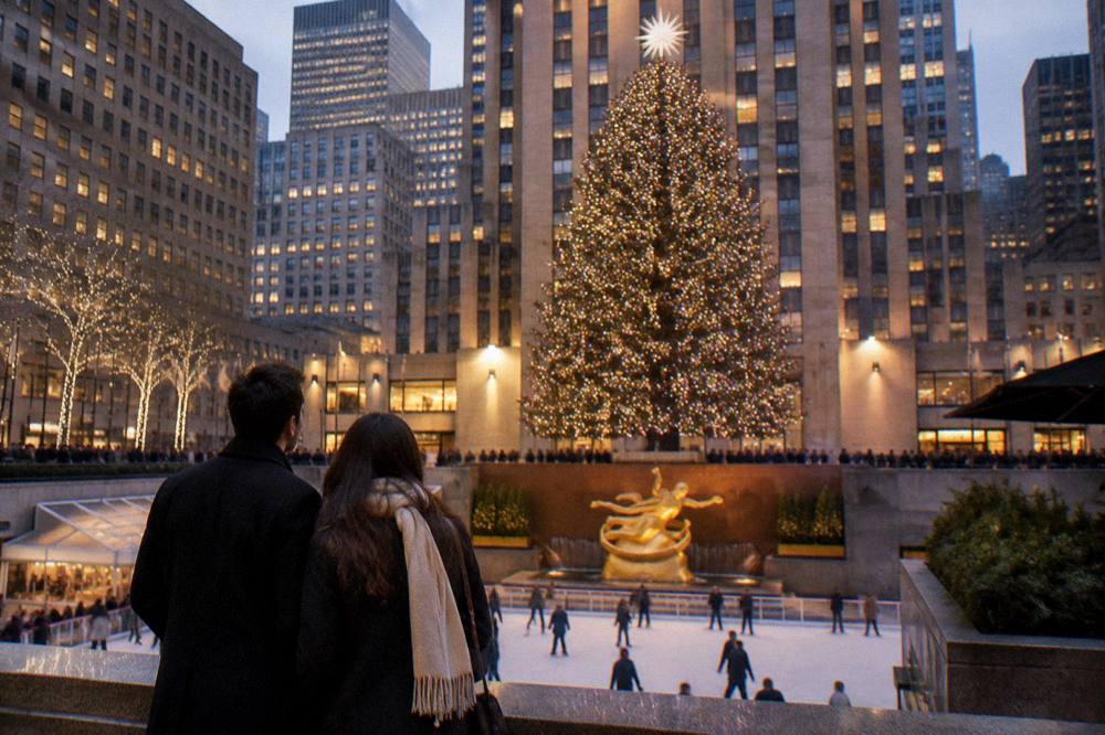 A couple's evening view of the illuminated Rockefeller Center Christmas tree above the plaza