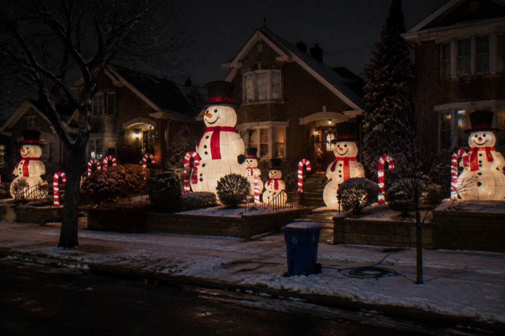 Row of Brooklyn houses covered in oversized illuminated holiday decorations at night