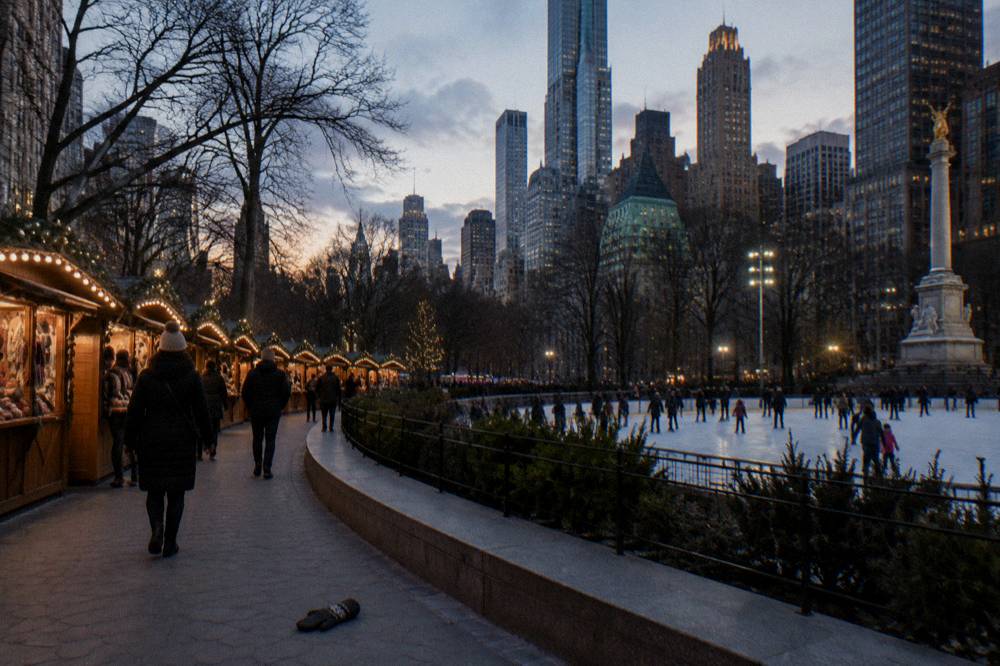 Wooden market stalls strung with white lights around a park ice rink at dusk