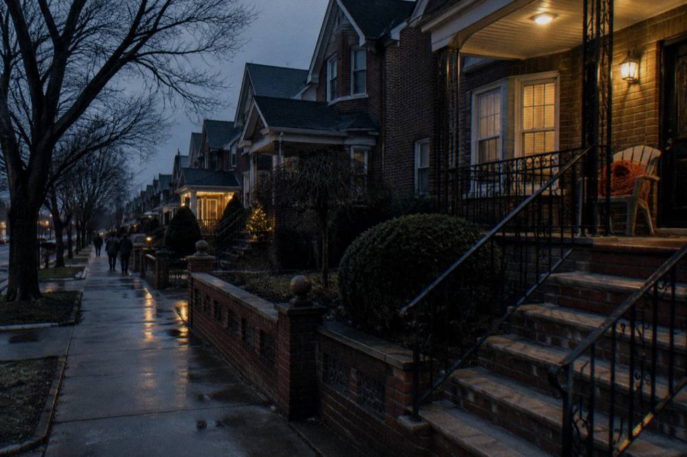 Brooklyn street with houses covered in illuminated Christmas decorations at dusk
