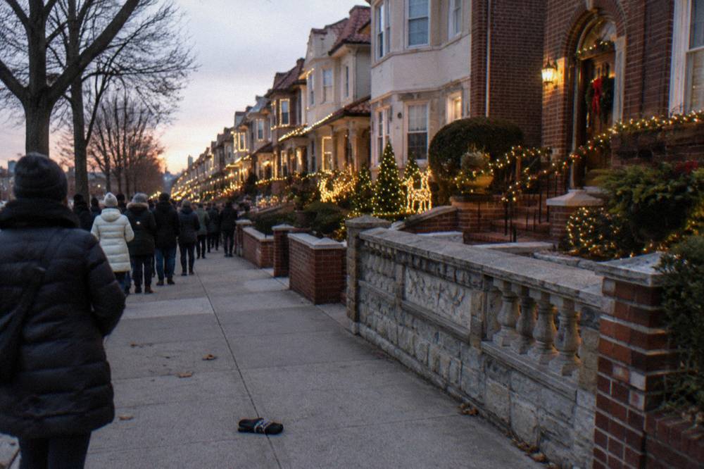 Decorated rowhouses with bright holiday lights along a sidewalk at night