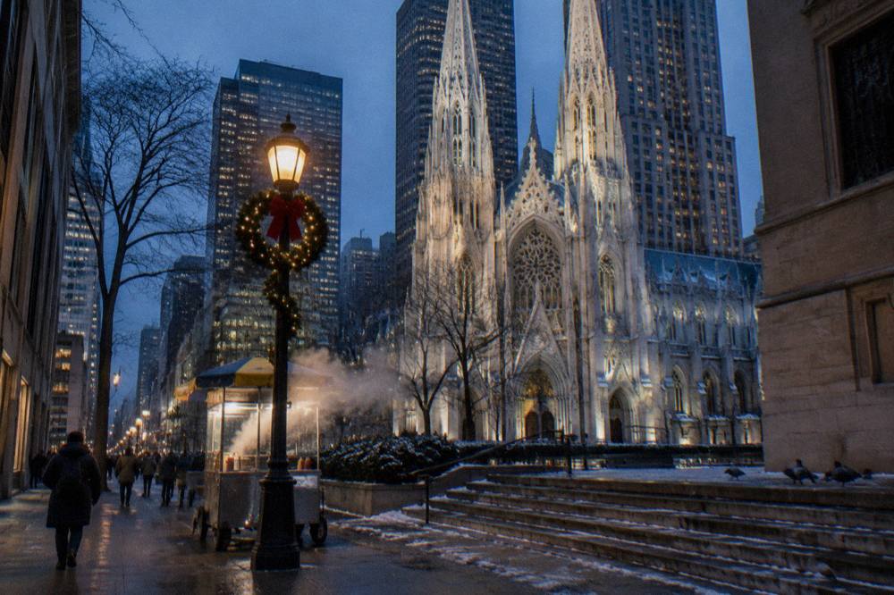 St. Patrick's Cathedral facade on Fifth Avenue lit up at dusk with holiday decorations along the street