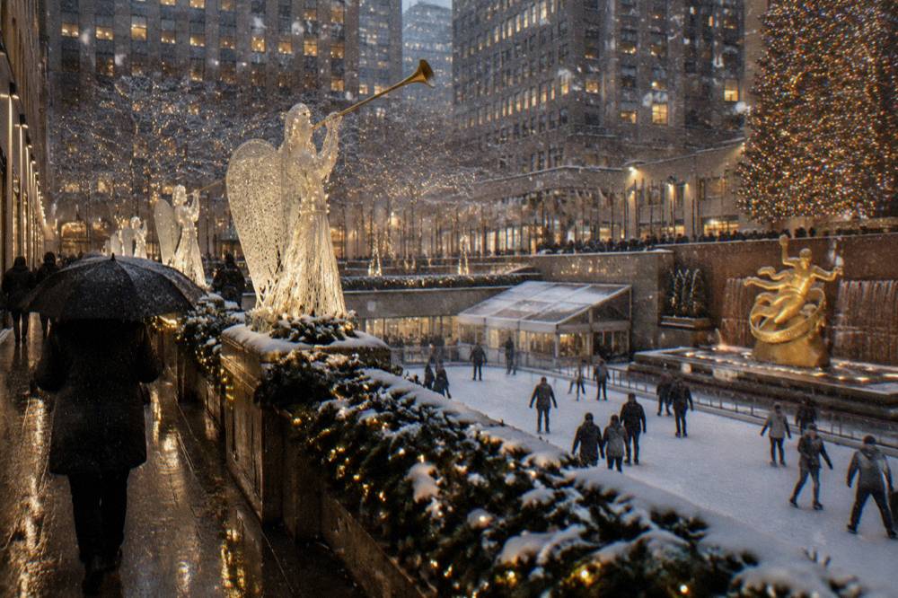 Rockefeller Center plaza at night with a large lit Christmas tree above the ice rink and surrounding tall buildings