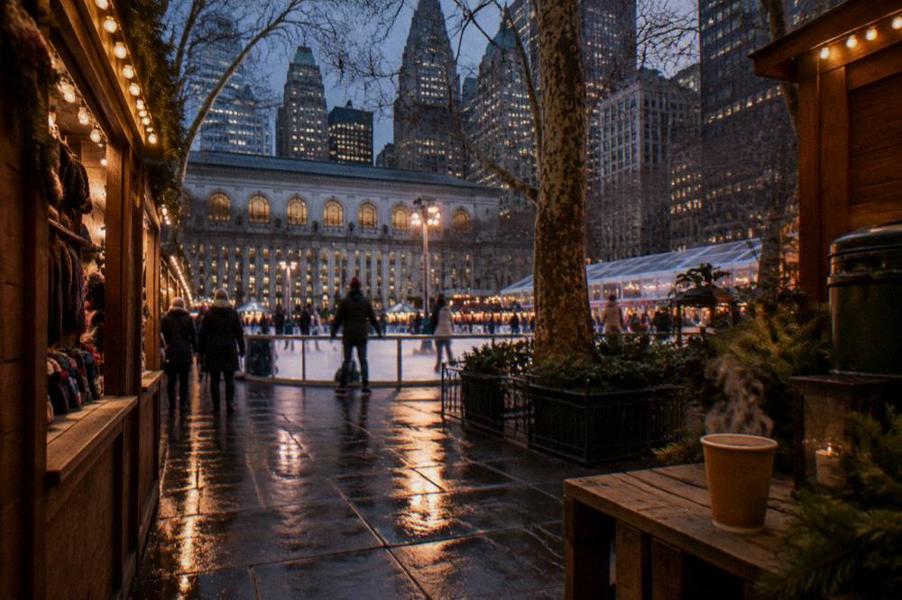 Bryant Park Winter Village at night with rows of lit holiday market stalls surrounding an ice rink