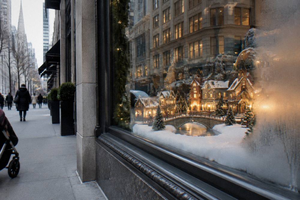 Department store holiday window display on Fifth Avenue decorated with lights and a festive scene behind the glass