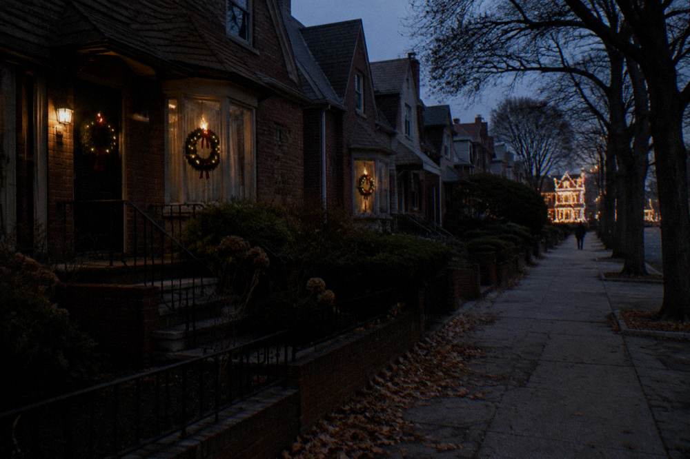 A quiet residential Brooklyn street at night with holiday decorations glowing on the houses