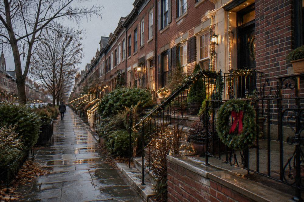Row of Brooklyn townhouses covered in illuminated holiday decorations at night
