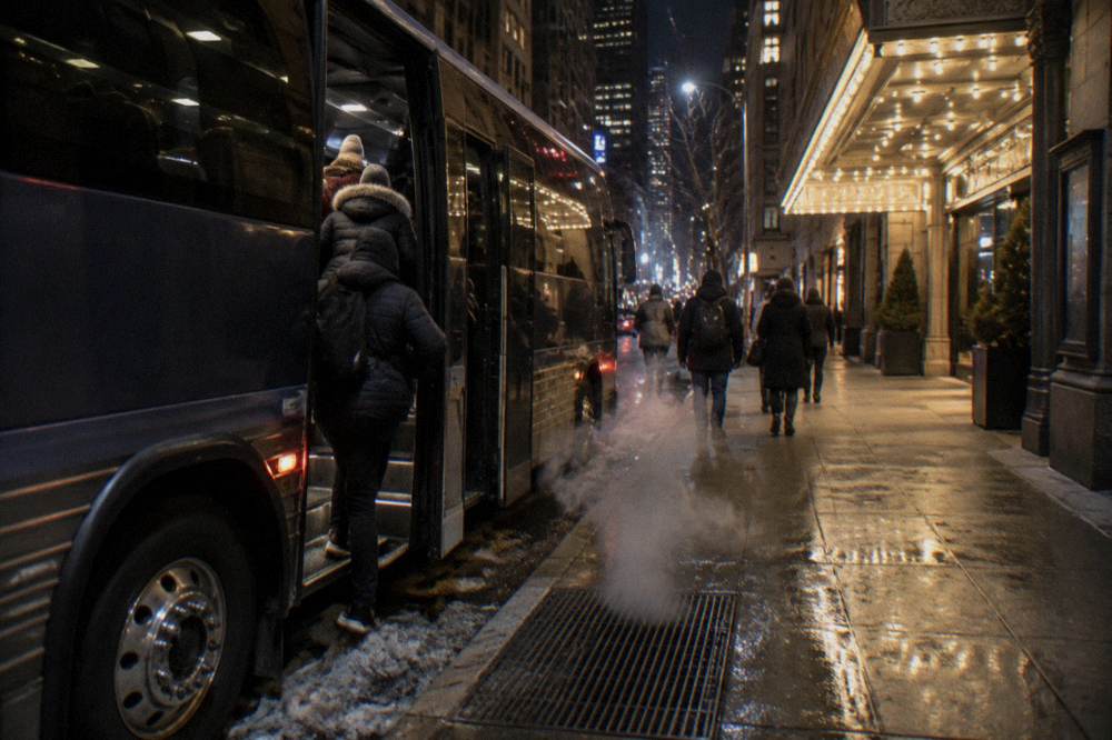 Passengers boarding a heated tour bus on a decorated Manhattan street at night