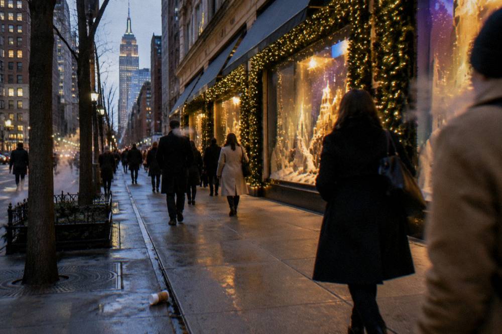 Evening crowd walking past illuminated holiday storefronts in Midtown Manhattan