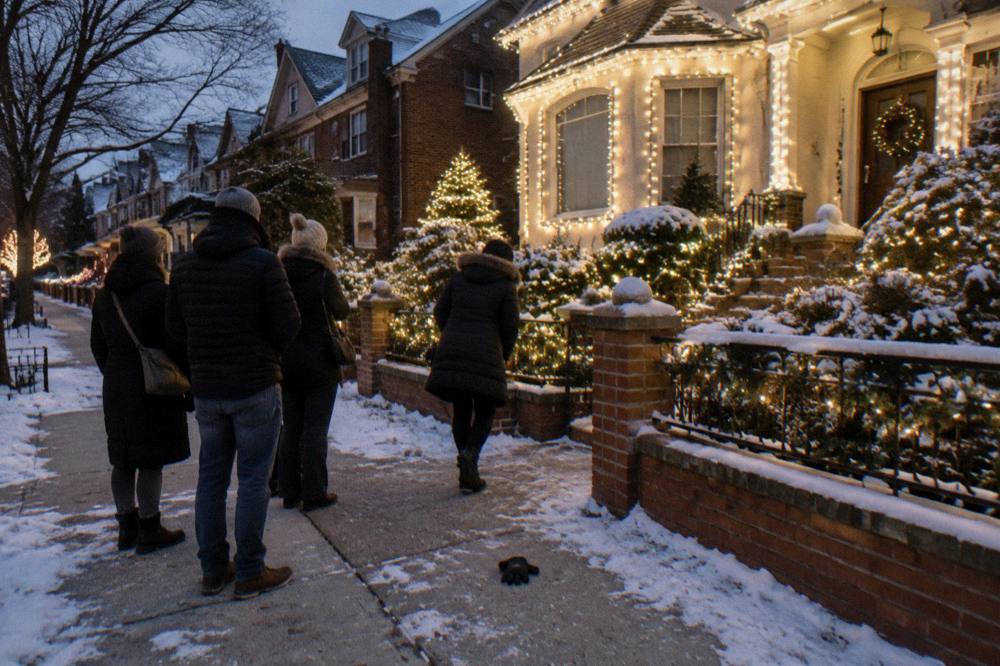 Visitors in winter coats walking a snow-dusted sidewalk past glowing holiday lights