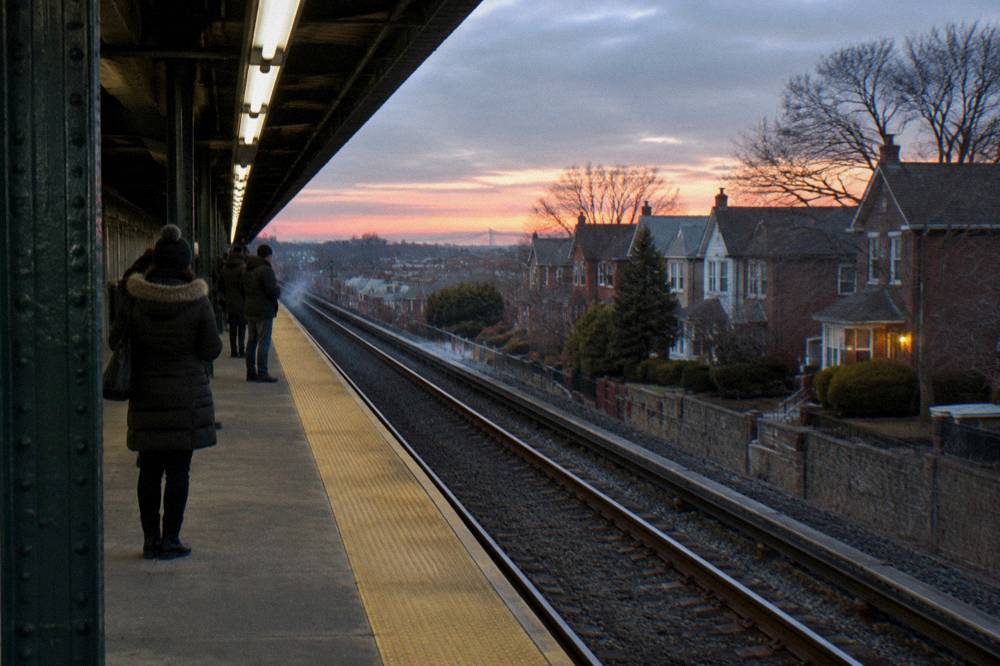 City subway platform with a waiting train under bright station lights