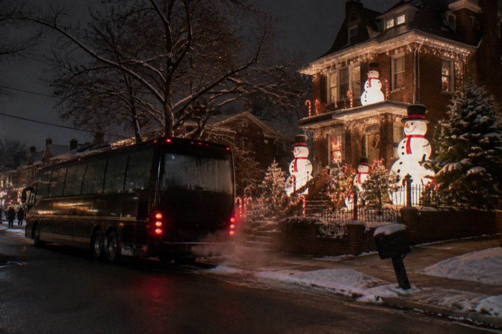 Tour bus parked beside a brightly decorated city street at night