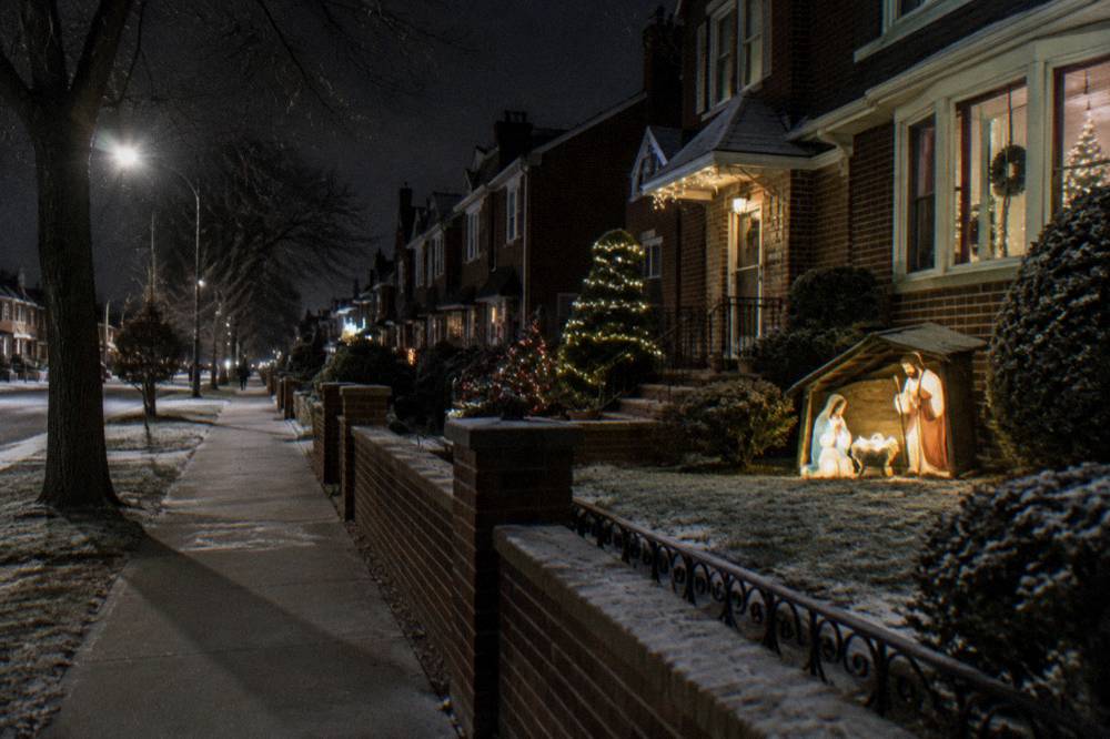 Quiet residential Brooklyn street glowing with holiday lights in early evening