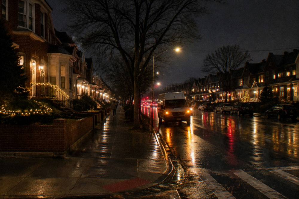 Headlights and taillights streaming along a wet city avenue at night