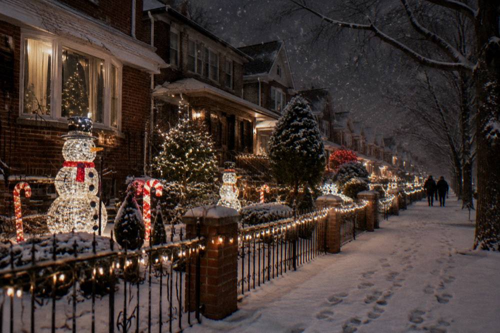 A snowy Brooklyn sidewalk lined with glowing holiday figures and string lights at night