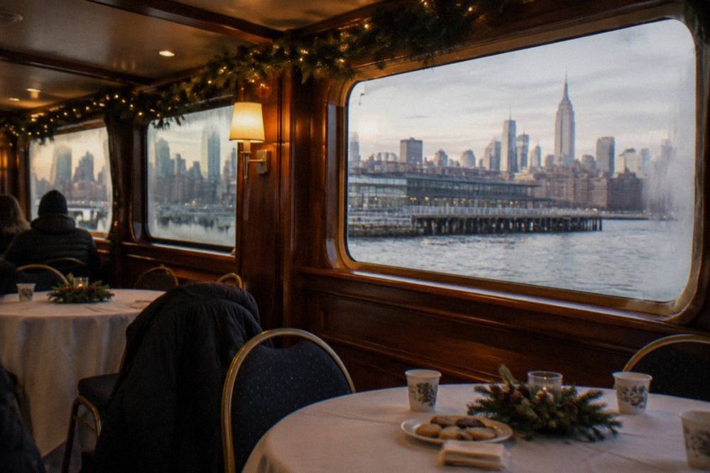 A yacht cabin interior decorated with holiday garlands and warm string lights above seated tables