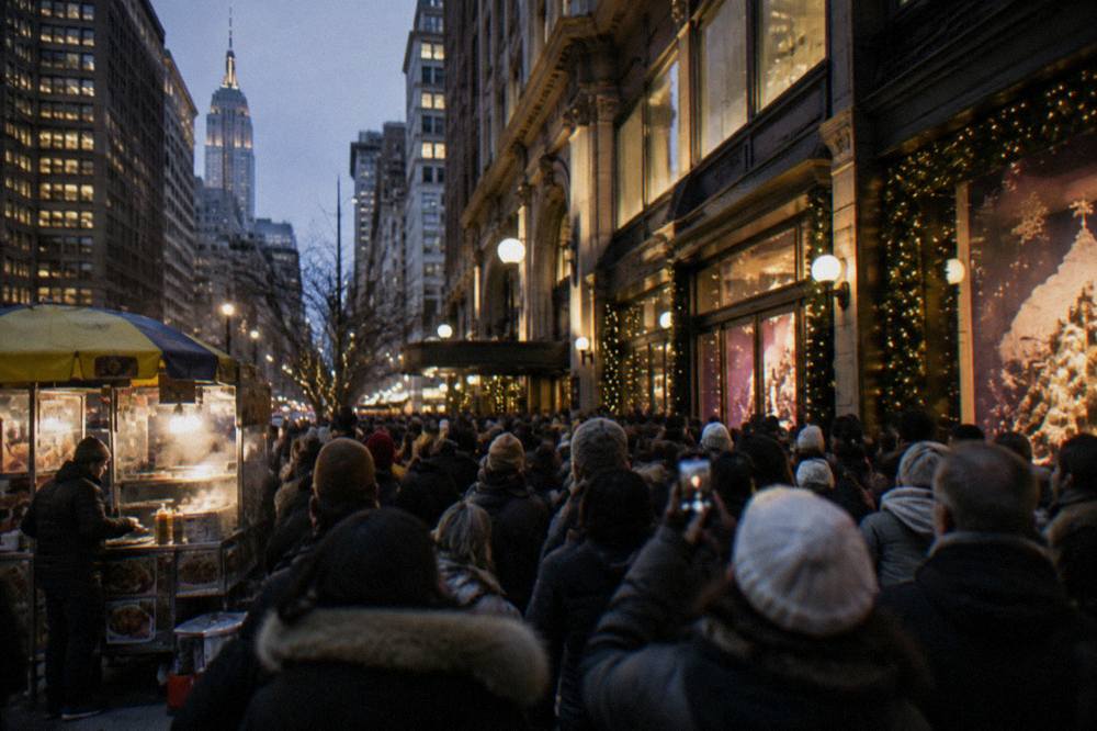 Crowds gathered outside a decorated department store facade at dusk in Midtown Manhattan