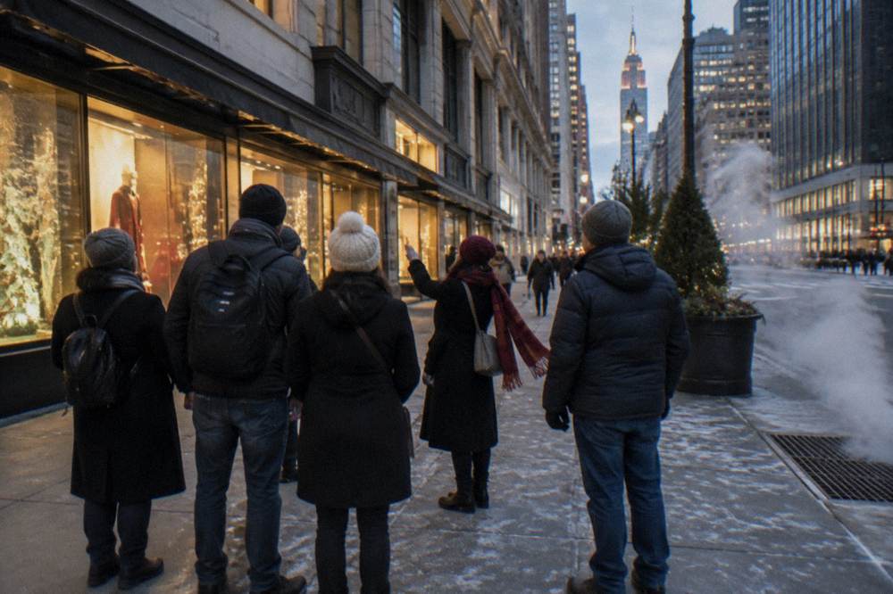 A guided walking group pausing at glowing holiday storefronts in Midtown Manhattan