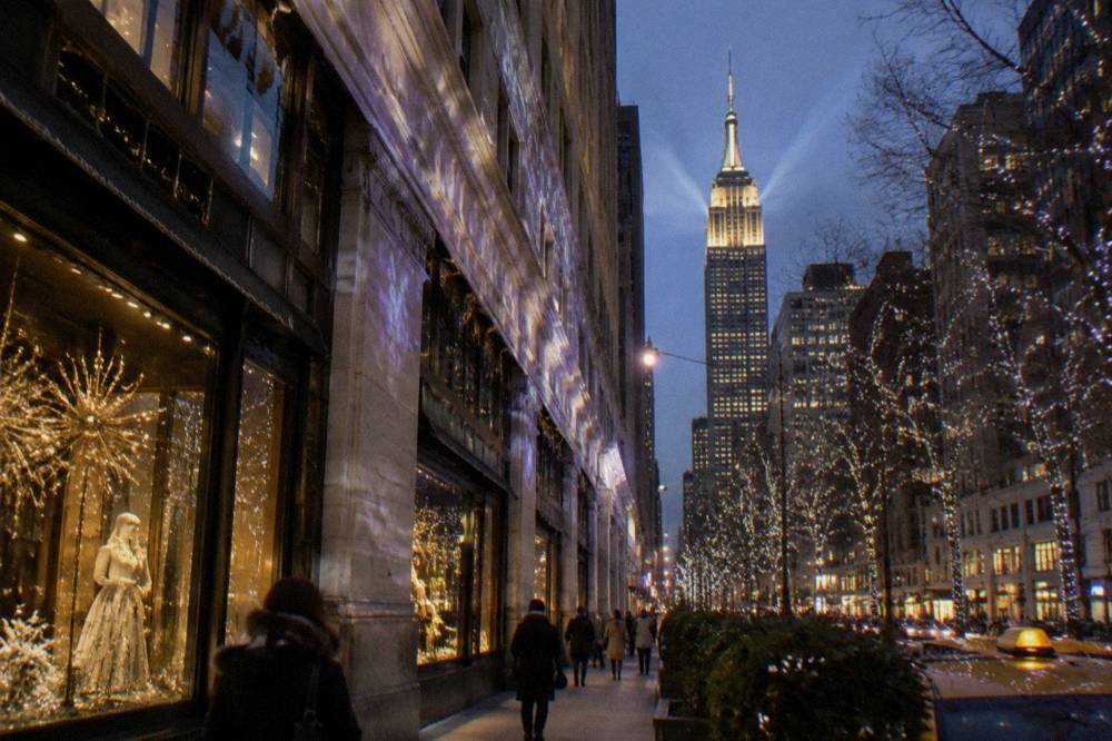 Fifth Avenue storefronts decorated with lights and holiday displays in the evening