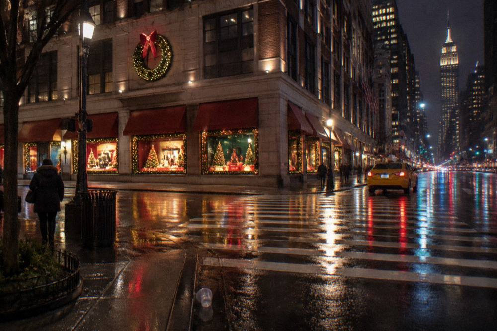 A city street at night with holiday lights reflecting on the pavement near a decorated storefront