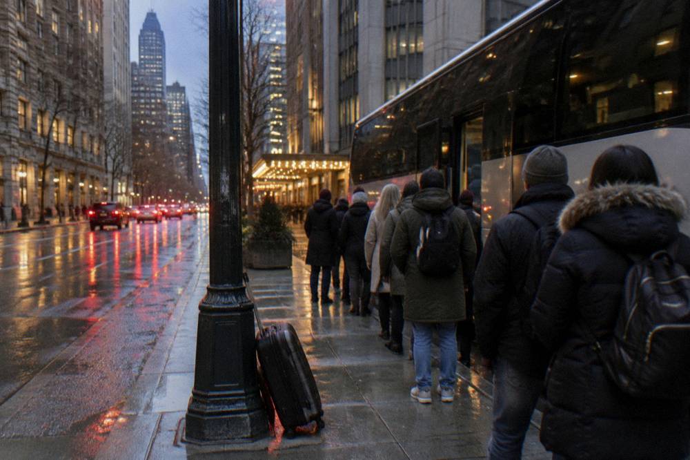 A line of visitors boarding a motorcoach at a Midtown Manhattan curb in evening traffic