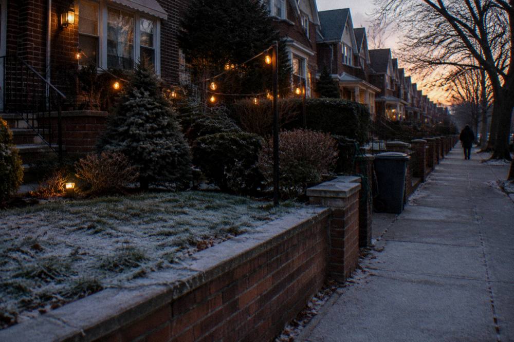 A quiet Brooklyn side street at dusk with holiday lights glowing and few visitors in view