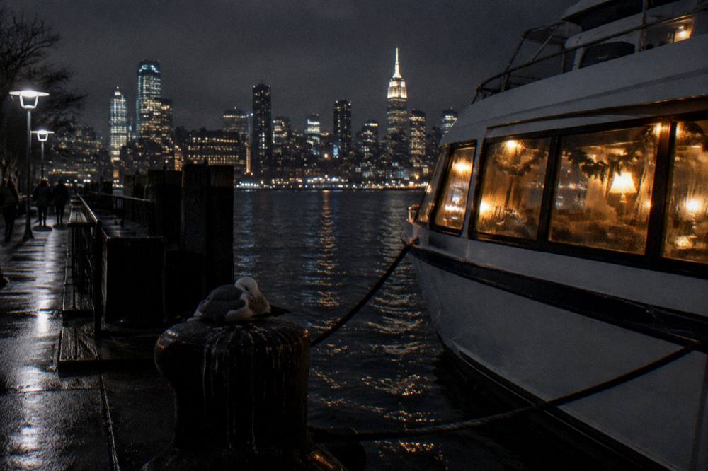 Warm holiday lights glowing through the windows of a yacht cabin against a dark evening river