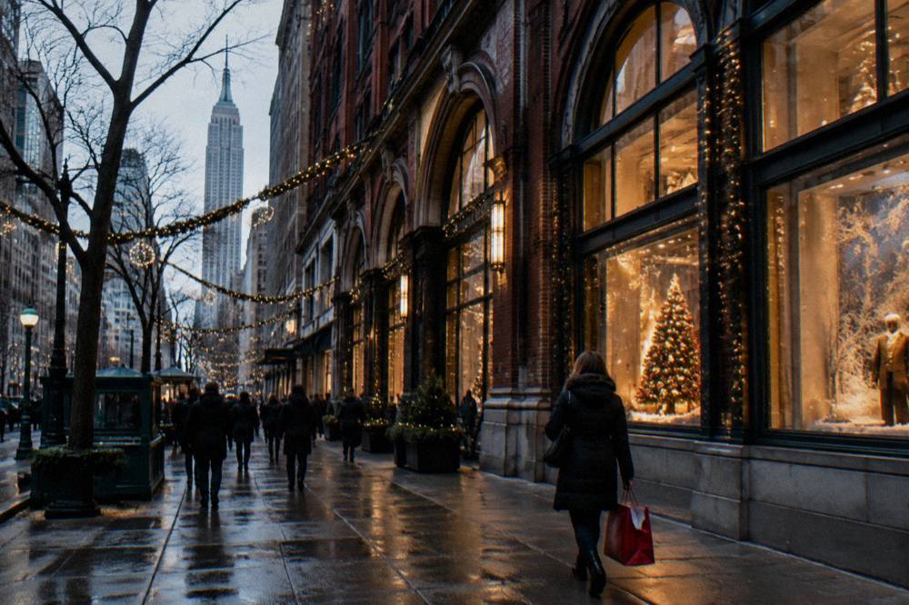 Illuminated holiday storefronts along a Midtown Manhattan avenue at night