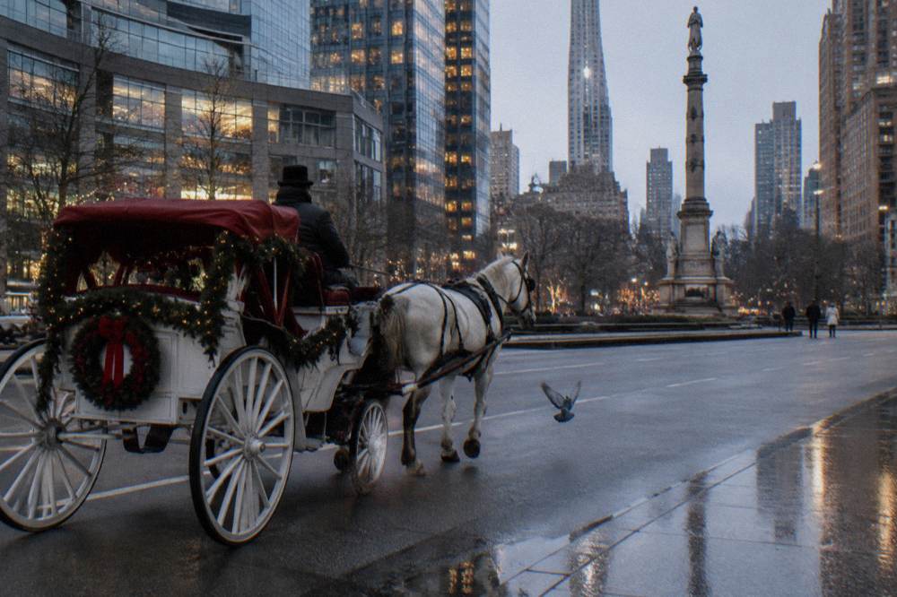 A horse-drawn carriage with a driver rolling past decorated storefronts in evening light