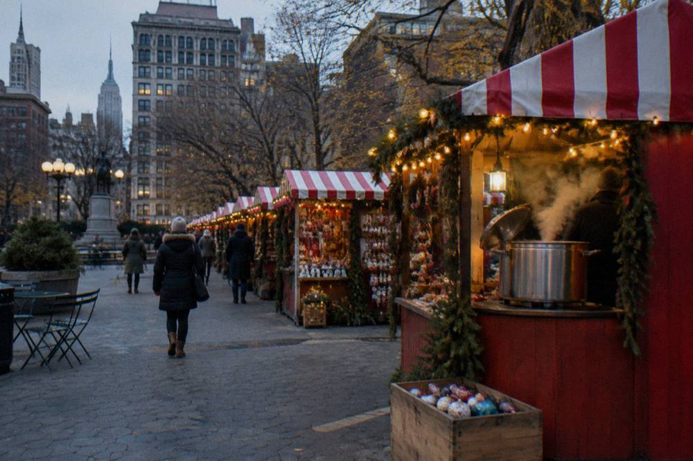 Festive kiosks strung with white lights along the edge of a Midtown park in the early evening