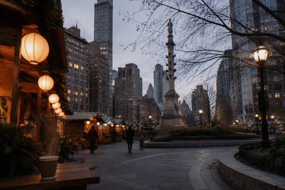 Holiday market chalets glowing with lanterns under a dark sky beside a Manhattan plaza