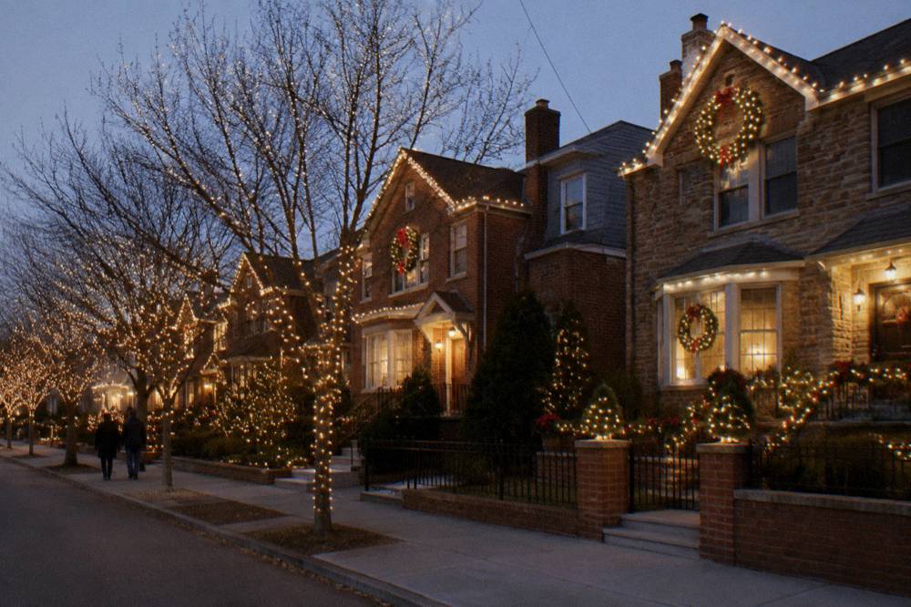 Row of houses covered in glowing holiday light displays on a winter evening