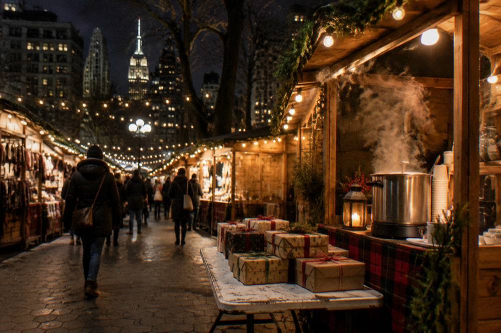 Holiday market stalls glowing under strings of lights in a Manhattan park
