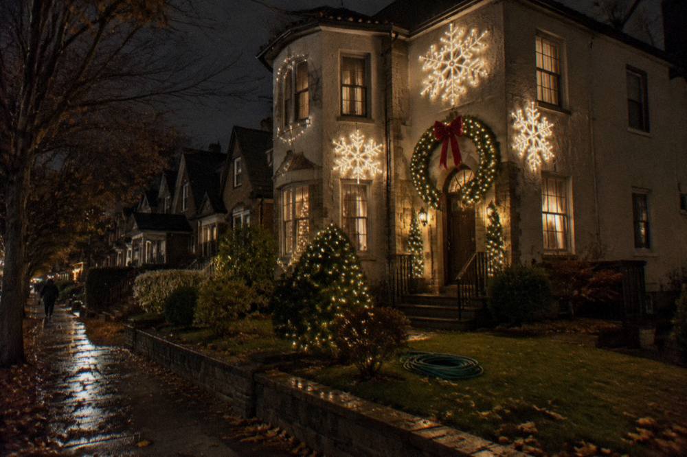 A Brooklyn residential street lined with oversized illuminated holiday decorations glowing after dark