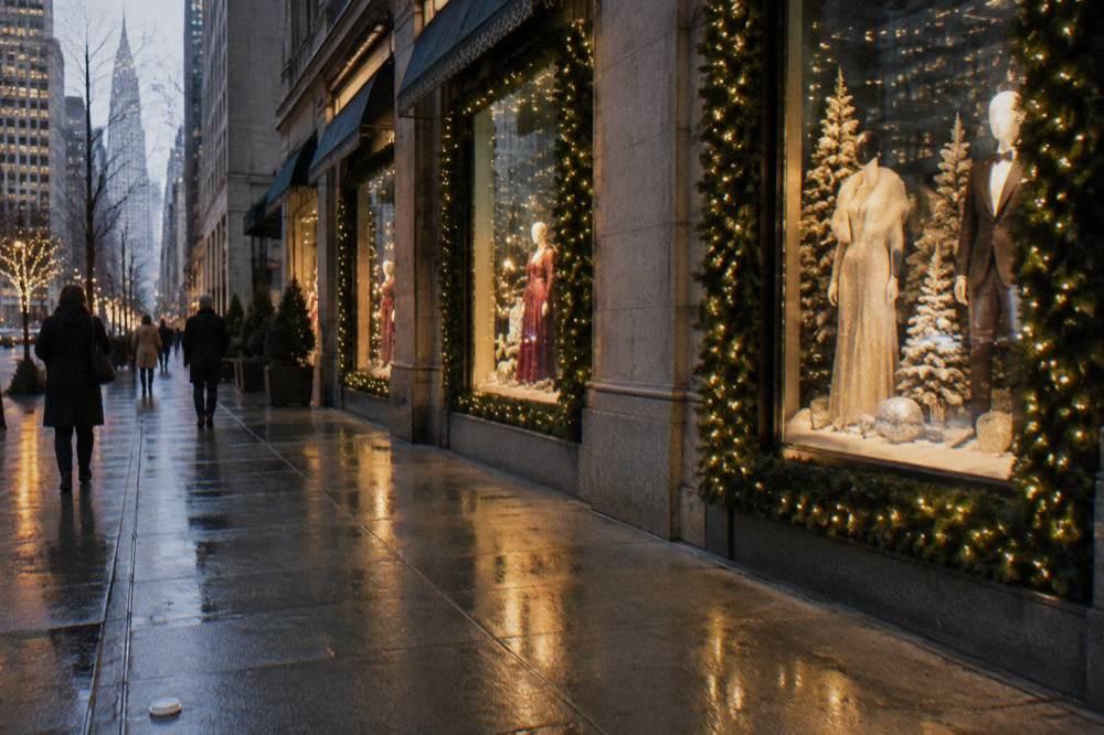 Festively decorated department store window display with holiday figures and warm lighting on a Manhattan avenue