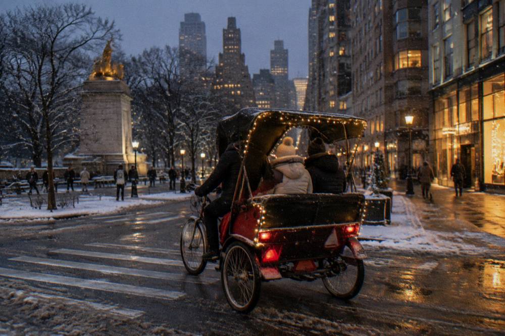 Passengers bundled in winter coats riding a lit pedicab sleigh past decorated storefronts